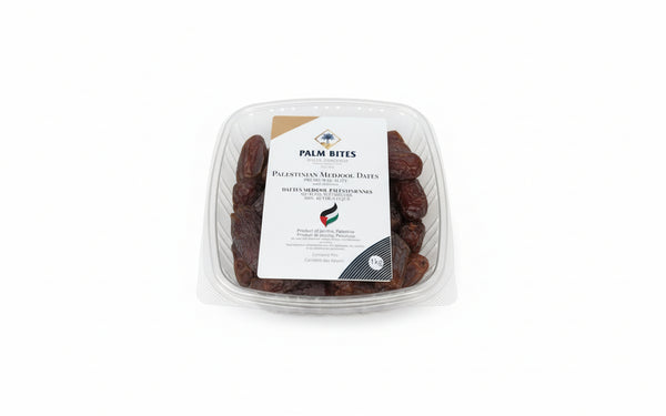 Packaged Palestinian Medjool dates with a 'Palm Bites' label.