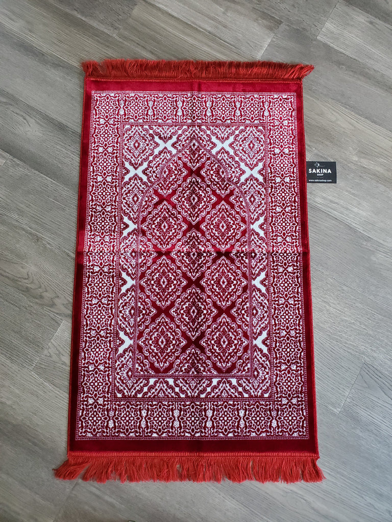 Turkish Luxury Double Plush Prayer Rug-  Red & White #17